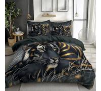 Housse de Couette 3D Tigre Noir et Or, Gris Douce Réversible Design Animal Artistique pour Adultes Et Enfants, Résistante Microfibre 220 x 240 cm décoration de Chambre d'hiver Motif