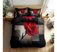 Housse de Couette 90 x 200 cm avec Taies d'oreiller - Fond Géométrique Roses Rouges - Noir Parure de lit Adulte Enfant Moderne - Housse Couette Set avec Fermetures éclair