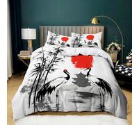 Housse de Couette 90x190 cm Grue Couronne Rouge Bambou, Parure de Lit 1 Personnes en Microfibre Douce, Ensemble de Literie Style Peinture L'Encre avec 2 Taies d'oreiller pour Décoration de Chambre