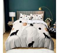 Housse de Couette 90x190 cm Lignes Géométriques Chats, Parure de Lit Imprimée Dégradé Beige pour 1 Personnes, Housses de Couette 3 Pièces en Microfibre Douce et Respirante avec 2 Taie d'oreiller