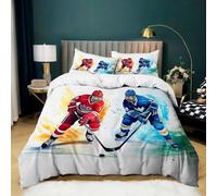 Housse de Couette 90x190 cm Match Hockey Glace Sportif, Parure de Lit 1 Personnes en Microfibre Douce, Ensemble de Literie Dessin Animé avec 2 Taies d'oreiller 65x65 cm pour Décoration de Chambre