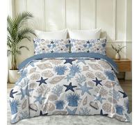 Housse de Couette avec Taies d'oreiller 2 Pièces, Bleu Gris | Parure de Lit Dessiné À La Main Ados 240 x 220 cm, Housse de Couette Microfibre Coquillage Corail Anémone De Mer