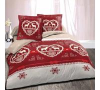 Housse de Couette Coton 220x240 Chalet Winter Rouge + 2 taies - 100% Coton - 57 Fils/cm² - Grand Teint- Finition Rabat à Border