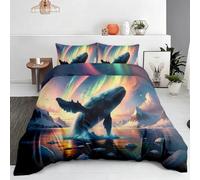 Housse de Couette Enfant 160x200 Baleine Aurore Boréale Parure de Lit | Motif Paysage Arctique pour Garçon Fille, 2 Personnes, Microfibre Douce, 3 Pièces avec 2 Taies d’oreiller 65x65 Q385