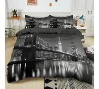 Housse de Couette Enfant 220x240 cm Pont De Brooklyn Gris À New York Imprimé Parure de lit 2 Personnes 3 Pièces Confortable Doux Polycoton avec Fermeture Éclair Literie et 2 Taie d'oreiller