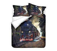 Housse de Couette Enfant Adulte Train 3D Parure de Lit pour 1 Personne Noir Gris Rétro Train à Vapeur Ensemble de Literie en Microfibre Train Track Taie d'oreiller (Brun, 140 x 200 cm)