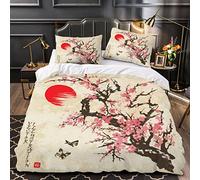 Housse De Couette Fleur De Cerisier Papillon 140x200 Enfant Ado Fille 3D Rétro Japonais Parure de Lit 1 Personne Microfibre 3 pièces Housse De Couette avec Fermeture Éclair+2 Taies d'oreiller 50x75cm