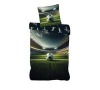 Housse de Couette Football Stade 140x200 + Taie 65x65 - 100% Coton | Parure de lit foot réversible | 100% Coton | Certifié Oeko-Tex | Idéal lit 1 personne 90x190 & 90x200 cm | Mixte