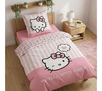 Housse de Couette Hello Kitty Réversible 135x200 cm + Taie d'oreiller 80x80 cm | 100% Coton Premium | Certifiée Oeko-TEX Standard 100 | Parure de Lit Enfant Rose à Boutons - Design Officiel