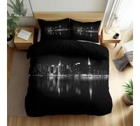 Housse de Couette Imprimé Noir et Blanc New York Ville Horizon Parure de Lit 220 x 240 cm, Parure Housse de Couette en Polyester Art Photographique - pour Enfants Adolescents et Adultes
