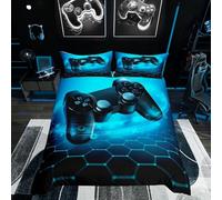 Housse de Couette Jeux Vidéo 200x200 pour Adolescents,Ensemble de Literie Gamer pour Enfants Garçons,Housse Couette Gaming Parure de Lit Gamepad Bleu Noir Nid D'Abeille Décoration de Chambre 3 Pièces