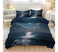 Housse de Couette Merveille Naturelle 140 x 200 cm, 2 taie d'oreiller | Noir Bleu Simple Côtier Lune Nuages Soft Breathable Housse de Couette pour Adulte Enfants