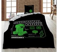 Housse de Couette Minecraft Ado 135x200 + Taie Survival Mode Microfibre | Parure de lit 1 personne réversible | Microfibre Oeko-Tex | Séchage rapide | Creeper | Idée cadeau | Licence officielle