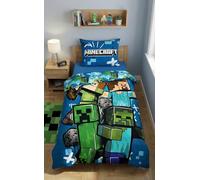 Housse de Couette Minecraft Réversible - Parure de Lit Enfant 140x200 cm avec Taie d’Oreiller - Microfibre 100% Polyester - Certifiée Oeko-Tex Standard 100 - Design Steve, Alex, Zombie & Creeper