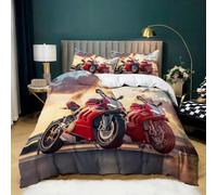 Housse de Couette Moto Rouge 90x190 cm Parure de Lit 3 Pièces en Microfibre Hypoallergénique Coucher Soleil avec 2 Taies d'oreiller pour Garçons Enfants Filles 1 Personnes Chambre Décor