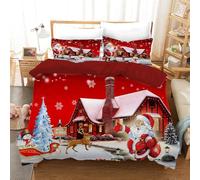 Housse de Couette Noël, Renne,Parure De Lit Adulte 3D Père Noël De Dessin Animé,ousse de Couette et taie d'oreiller Microfibre, pour Enfant et Adulte (La Cabane de Noël, 200 x 200 cm)