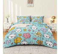 Housse de Couette Parure de lit Adorables Bouquets de Fleurs en Forme de Chat Ensemble 3 pièces Duvet Cover Set 200 x 200 cm Literie Confortable Doux & Respirant Fermeture Éclair Bleu