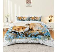 Housse de Couette Parure de lit Aquarelle de Fleur Bleue Renard Ensemble 3 pièces Duvet Cover Set 200 x 200 cm Literie Confortable Doux & Respirant Fermeture Éclair Bleu
