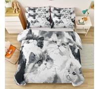 Housse de Couette Parure de lit Chat Mignon Graffiti Minimaliste Ensemble 3 pièces Duvet Cover Set 200 x 200 cm Literie Confortable Doux & Respirant Fermeture Éclair Gris foncé