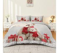 Housse de Couette Parure de lit Coffret Cadeau Ours en Peluche Noël Ensemble 3 pièces Duvet Cover Set 200 x 200 cm Literie Confortable Doux & Respirant Fermeture Éclair Blanc Ivoire