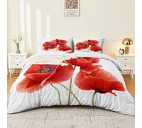Housse de Couette Parure de lit Fleurs Rouges réalistes et délicates. Ensemble 3 pièces Duvet Cover Set 200 x 200 cm Literie Confortable Doux & Respirant Fermeture Éclair Rouge