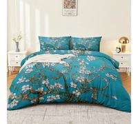 Housse de Couette Parure de lit Peinture à l'huile de Fleurs d'abricotier Ensemble 3 pièces Duvet Cover Set 140 x 200 cm Literie Confortable Doux & Respirant Fermeture Éclair Bleu
