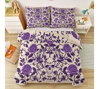 Housse de Couette Parure de lit Roses Crânes Gothique Ensemble 3 pièces Duvet Cover Set 200 x 200 cm Literie Confortable Doux & Respirant Fermeture Éclair Violet
