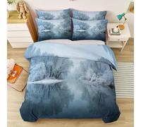 Housse de Couette Parure de lit Tranquillité du lac de la forêt brumeuse Ensemble 3 pièces Duvet Cover Set 140 x 200 cm Literie Confortable Doux & Respirant Fermeture Éclair Blanc
