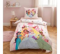 Housse de Couette Princesses Disney 140x200 + Taie 60x63 Fille 100% Coton | Parure de lit réversible | Oeko-Tex | Château coeur 7 héroïnes | Taie réversible | 1 Personne | Cadeau anniversaire