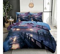 Housse de Couette Réversible 140x200 Pont Sakura Nuit 3D | Parure de Lit 1 Personne, 1 Taie 65x65 cm, Microfibre Ultra Douce, Lumière chaude, Fermeture Éclair et Lavable en Machine
