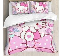 Housse De Couette Rose Hello Cat Kitty, Housse De Couette Vintage Queen Avec Fermeture Éclair, Motif Noeud Papillon, 1 Housse De Couette Queen Size Et 2 Taies D'oreiller, Respirante