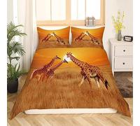 Housse de Couette Sets 200x200 cm Coucher De Soleil Prairie Girafe Paysage Mode Unique 3D Microfibre Literie Parure de avec Fermeture éclair pour Adultes et Adolescents Enfants Lavable en Machine