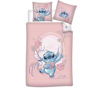 Housse de Couette Stitch Disney Enfant 140x200 cm - Parure de Lit 100% Coton avec Taie 65x65 cm - Réversible Rose Aloha - Certifiée Oeko-Tex Standard 100 - Fermeture à Boutons