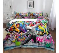 Housse de Couette Street Art Graffiti Coloré Hip-Hop 200x200 cm Parure de Lit 2 Personnes Set de Housse de Couette Microfibre avec Fermeture Éclair et 2 Taie d'oreiller 65x65cm