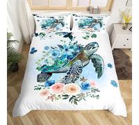 Housse de Couette Tortue de Mer 220x240 Ensemble de Literie Boho Floral pour Filles Garçons Enfants,Parure de Lit Animal Marin Nautique Couvre Lit Fleurs Aquarelles,Literie Vie Marine Décor Bohème