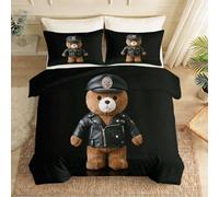 Housse de Couette Veste De Motard Ours en Peluche Chaîne en Argent, 220 x 240 cm Noir Réversible Respirable Microfibre Parure de lit, Cartoon Mignon Durable Housse de Couette avec Fermeture Éclai