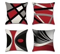 Housse de Coussin 35x35cm Géométrie rouge,Lot de 4 Coton et Lin Décoratif Canapé Home Decor Taie d'oreiller Super Doux Decoration Housse de Coussin Maison Salon Chambre pour Canapé Pillowcase,14x14in