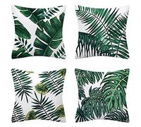 Housse de Coussin 35x35cm Lot de 4 Coton et Lin Feuilles Vertes Tropicales Double Face Housse de Coussin avec Fermeture Éclair Cachée Carré Taie d'oreiller pour Canapé Salon Chambre Décoratifs