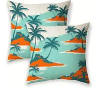 Housse de Coussin 45x45 cm, Housse Coussin Canapé Bleu Lin Décoratif Taie D'oreillers cocotiers Lot de 2 Decoration Printemps été avec Fermeture Eclair Invisible pour Jardin Extérieur lit Salon SJ-421