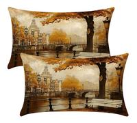 Housse de Coussin 50x60 cm Lot de 2 Housse Coussin Rétro Décoratif Canape Taie D'Oreiller Housses de Coussins Ville Automne Decoration Maison Salon pour Canapé avec Fermeture Éclair Invisible -SC502