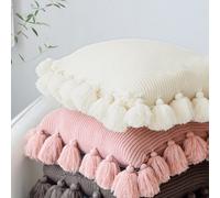 Housse de Coussin à Franges en Tricot Acrylique MEROPE 50x50cm Blanc - Lot de 1