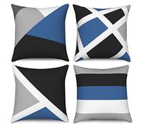 Housse de coussin Bleu 50x50 Set de 4, Hnmdmyi Gris et Noir Moderne Abstrait Rayures Simple Géométrique Décoratif Housse de coussin en lin Housse de coussin pour canapé lit jardin extérieur Home Decor