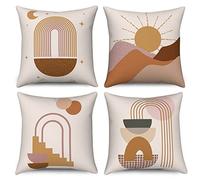 Housse de coussin Boho 40x40 Set de 4, Hnmdmyi Mid Century Abstrait Montagne Soleil Décoratif Taie d'oreiller Moderne Minimaliste Géométrique Esthétique Housse de coussin en lin pour canapé Home Decor
