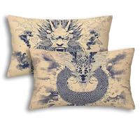 Housse de Coussin Extérieur Imperméable 50x80cm, Lot de 2 Housse Coussin Beige Rectangulaire Lin Imperméable, Déperlant Double Face Dragon Taie d'Oreiller Extérieur Jardin Chaise Balcon Terrasse -7698