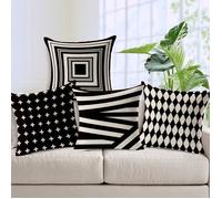 Housse de coussin géométrique en lin noir et blanc - Bureau et voiture - 45 x 45 cm