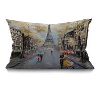 Housse de coussin Paris 30 x 50 cm Peinture à l'huile Automne Amoureux Baiser sous la pluie France Rue Eiffel Tour Taie d'oreiller Rectangle Décoration Maison Coton Lin Housse de coussin pour lit
