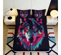 Housse de Matelas Microfibre Tête de Loup Colorée Impression 3D Protection Lit Cadeau Neon Wolf Décor Chambre Facile à Entretenir 90x200x25cm