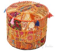 Housse de Patchwork Brodé Indien Pouf Décoratif Indien Pouf Pouf Ottoman Coussin Coton Indien Sol Solide, Pouf Patchwork Ethnique Indien (Orange, 18"x13")