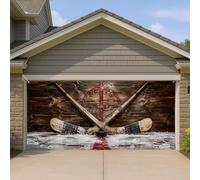 Housse de porte de garage de hockey, style rustique vintage en bois, marron et noir, décorations de garage sportives, décoration d'intérieur et d'extérieur pour les jours de jeu, 397 x 180 cm