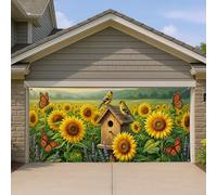 Housse de porte de garage de jardin tournesol - Décoration extérieure - Motif floral et papillon - Décoration extérieure - Printemps - Été - Thème nature - 397 x 180 cm